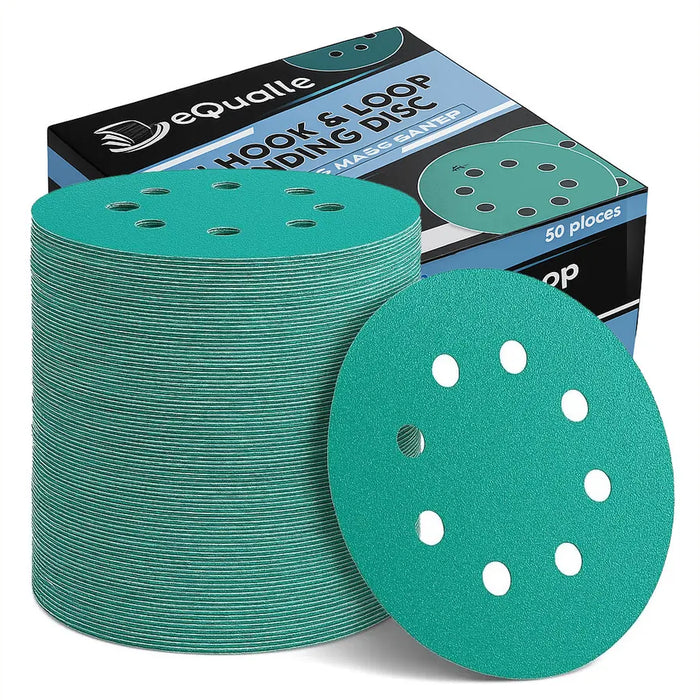 eQualle 5-inch eight-hole sanding disc stack with branded 50-piece box.