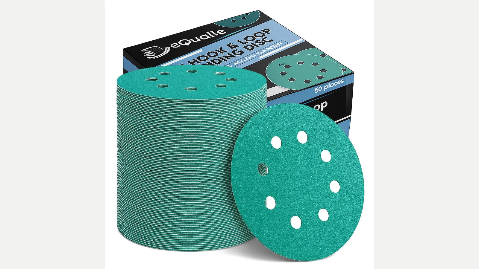 Teal eight-hole sanding discs stacked beside a branded 50-piece box.