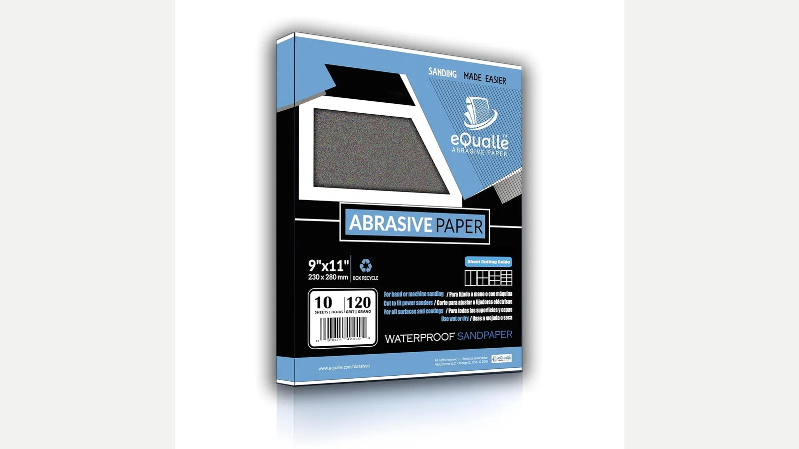 eQualle 120 grit sandpaper retail package with abrasive sheets.