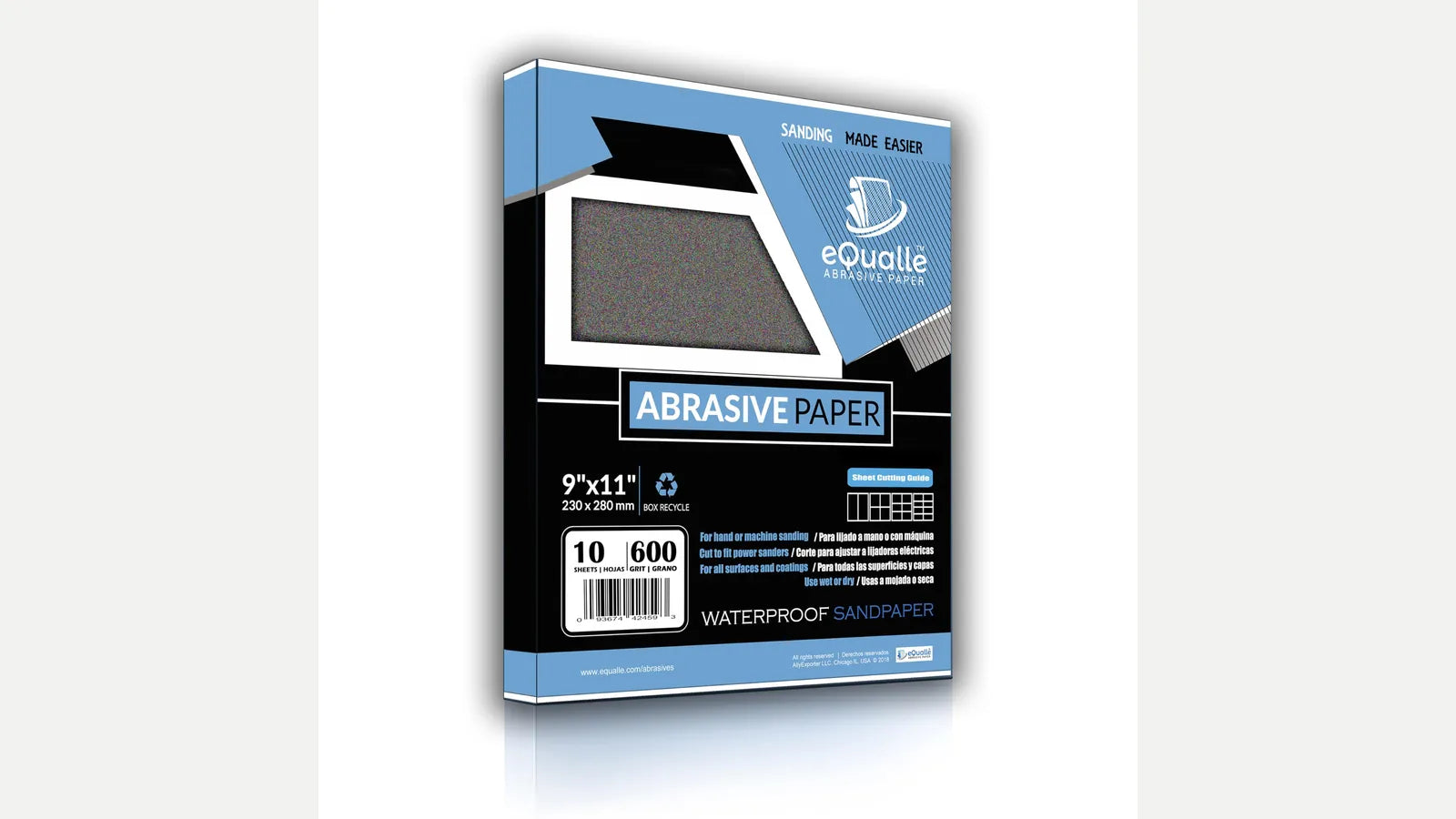 Blue-and-black eQualle package artwork showing 10 sheets, 600 grit, and 9 x 11 inch size.