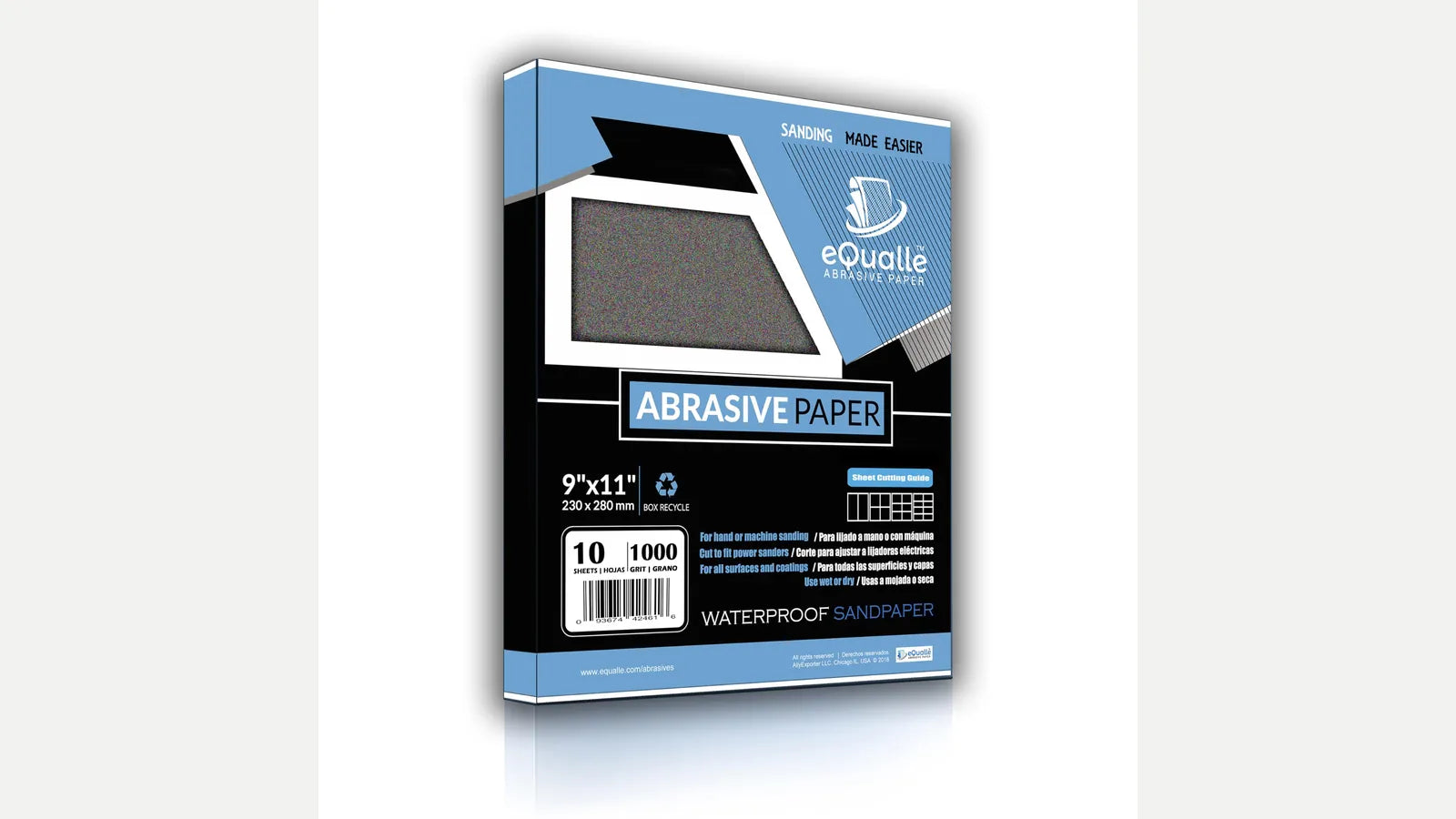 eQualle 1000 grit sandpaper retail package with abrasive sheets.