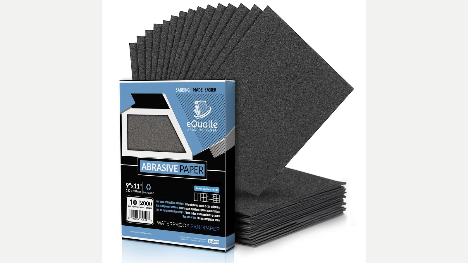 eQualle 2000 grit sandpaper package with a fan of abrasive sheets.