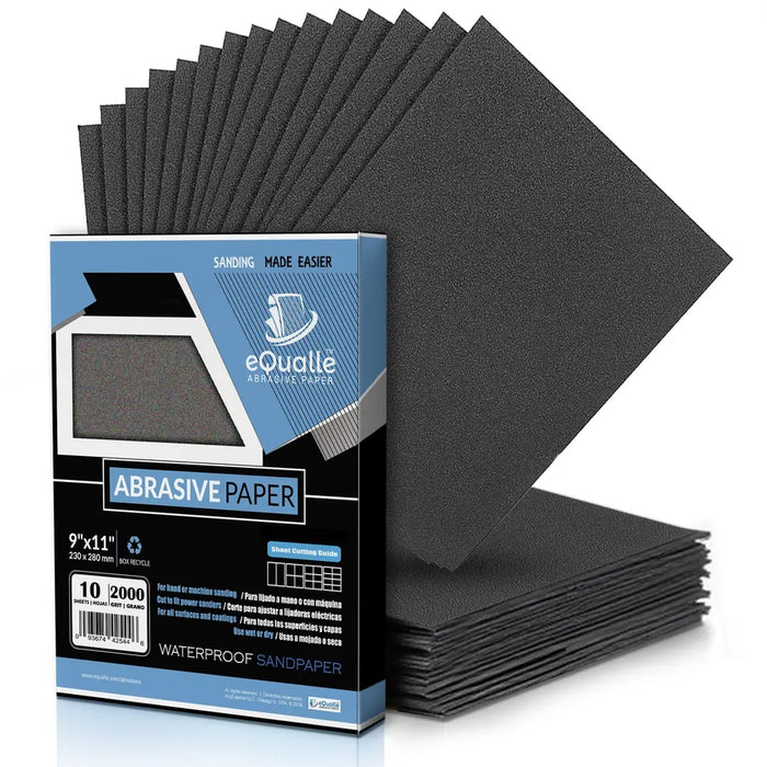 eQualle 2000 grit sandpaper package with a fan of abrasive sheets.