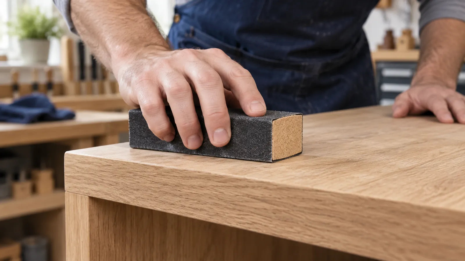 A hand sands the edge area of a flat wooden surface with a rectangular block.