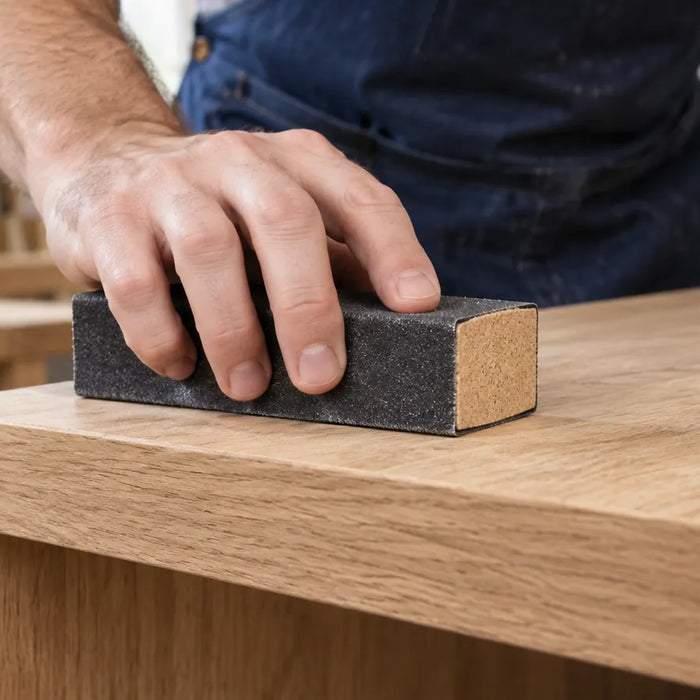A hand sands the edge area of a flat wooden surface with a rectangular block.