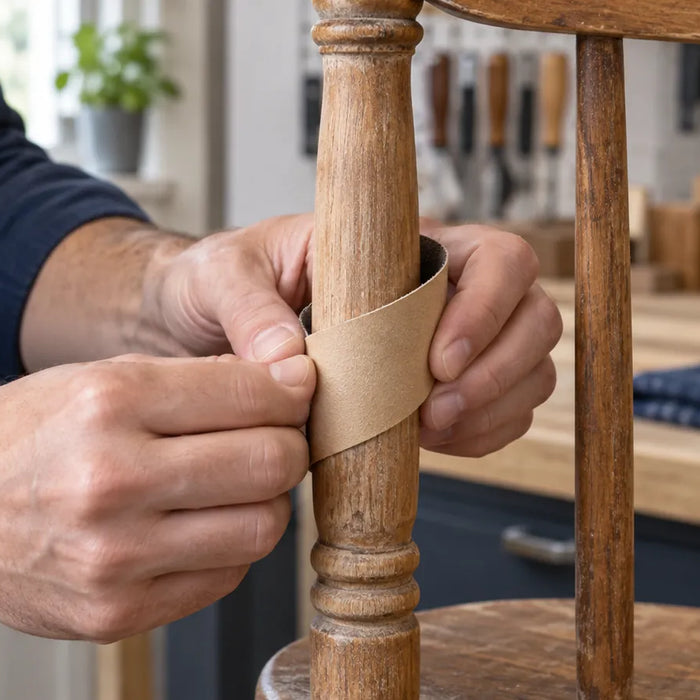 Flexible abrasive strip wrapped around a wooden chair spindle.