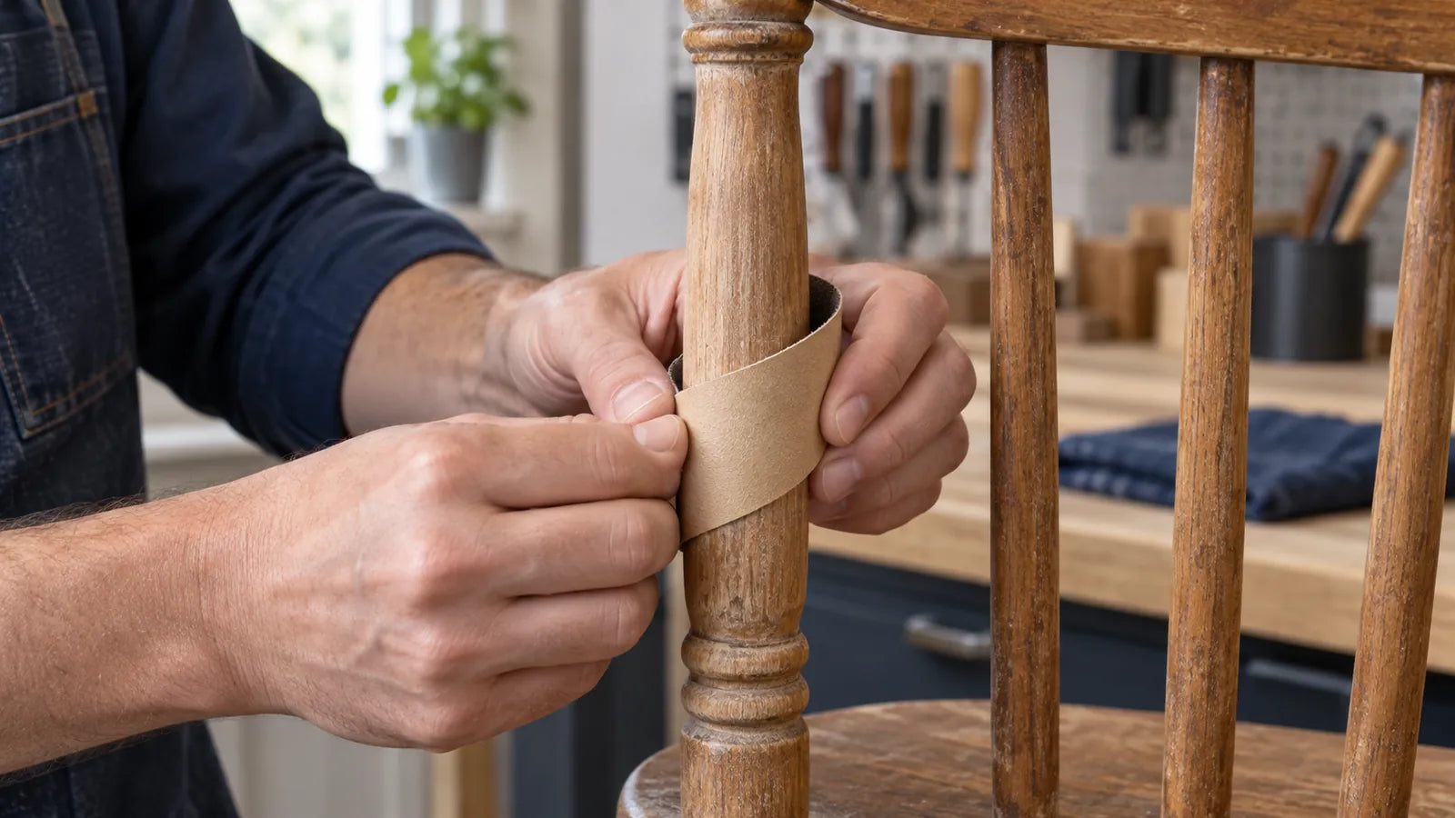 Hands wrap a flexible abrasive strip around a worn turned wooden component.
