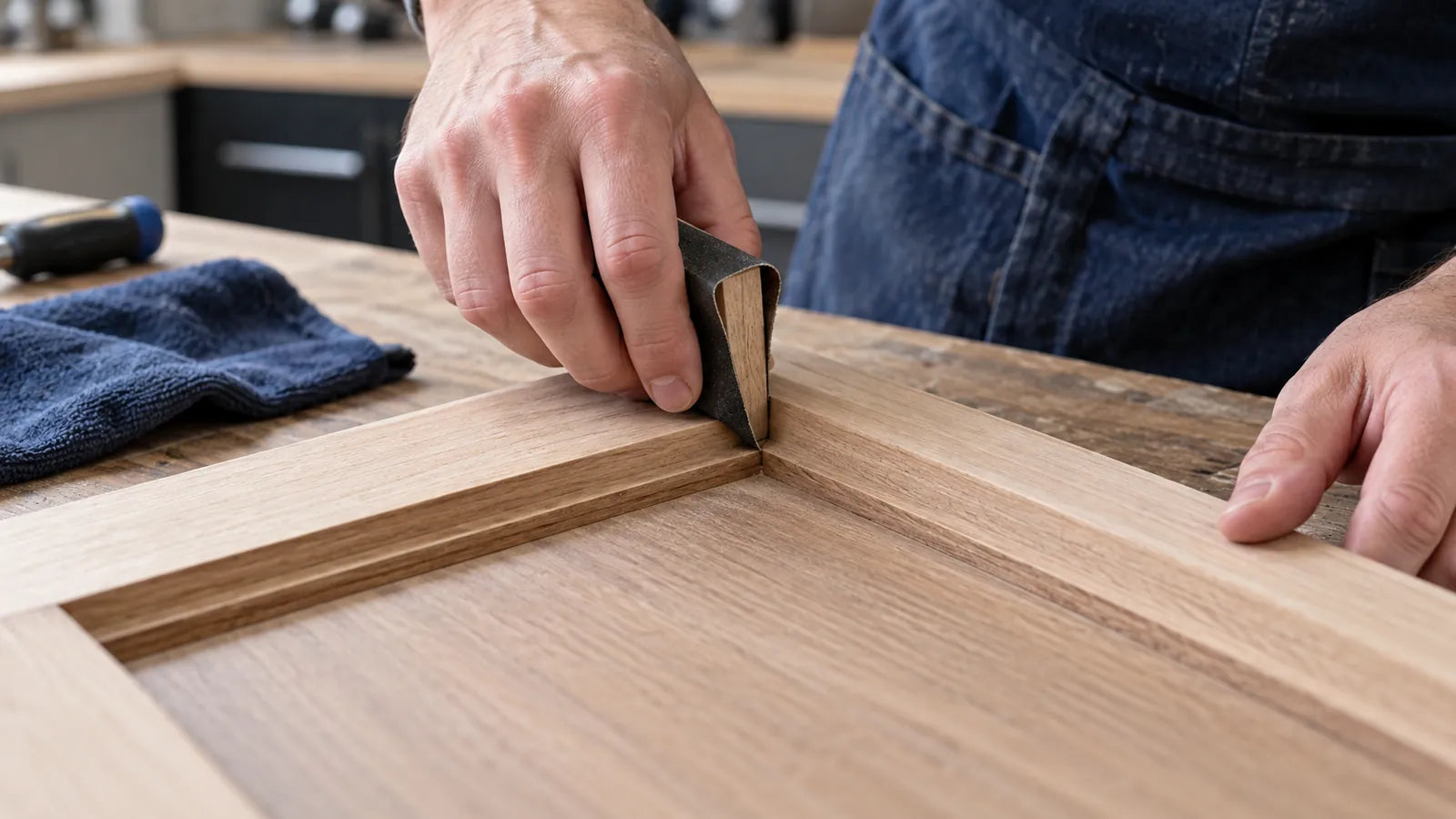 Small sanding block positioned inside a wooden frame corner during detail preparation.