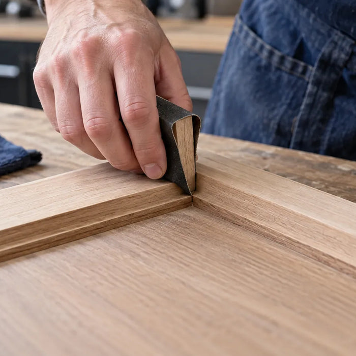 Small sanding block positioned inside a wooden frame corner during detail preparation.