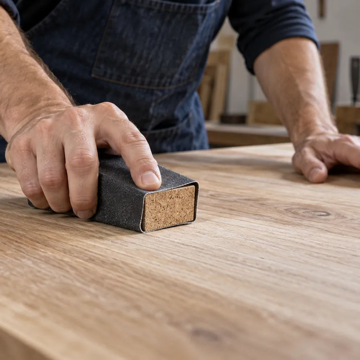 Illustration of a hand block sanding a broad wooden tabletop.
