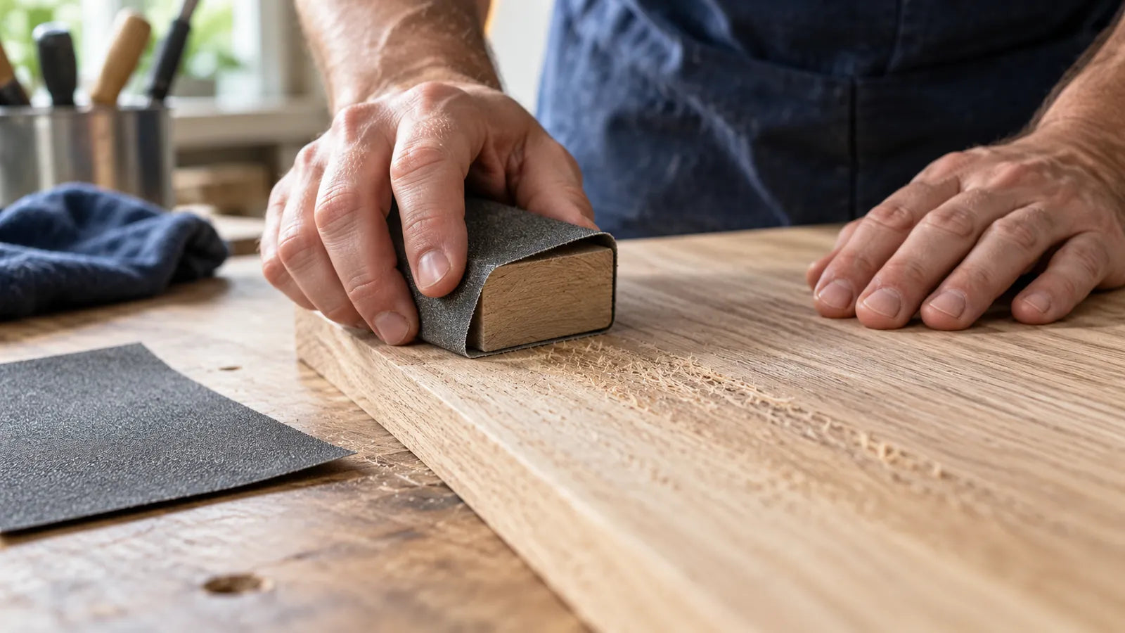 Block sanding a rough wooden board with raised fibers and a spare abrasive sheet nearby.