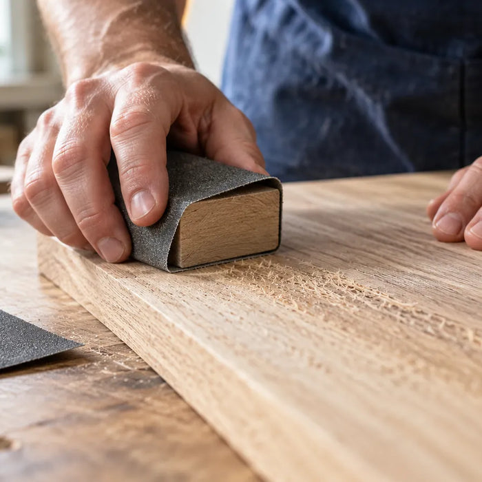 Block sanding a rough wooden board with raised fibers and a spare abrasive sheet nearby.