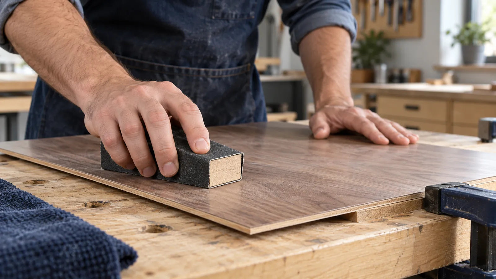 A paper-wrapped block on a thin dark wood-faced panel beside a clamp and supporting spacer.