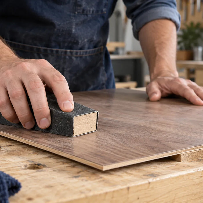 A paper-wrapped block rests on a thin wood-faced panel supported near a clamp.