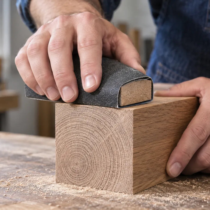 Illustration of a wrapped sanding block on the top face of a wooden workpiece with end grain visible.