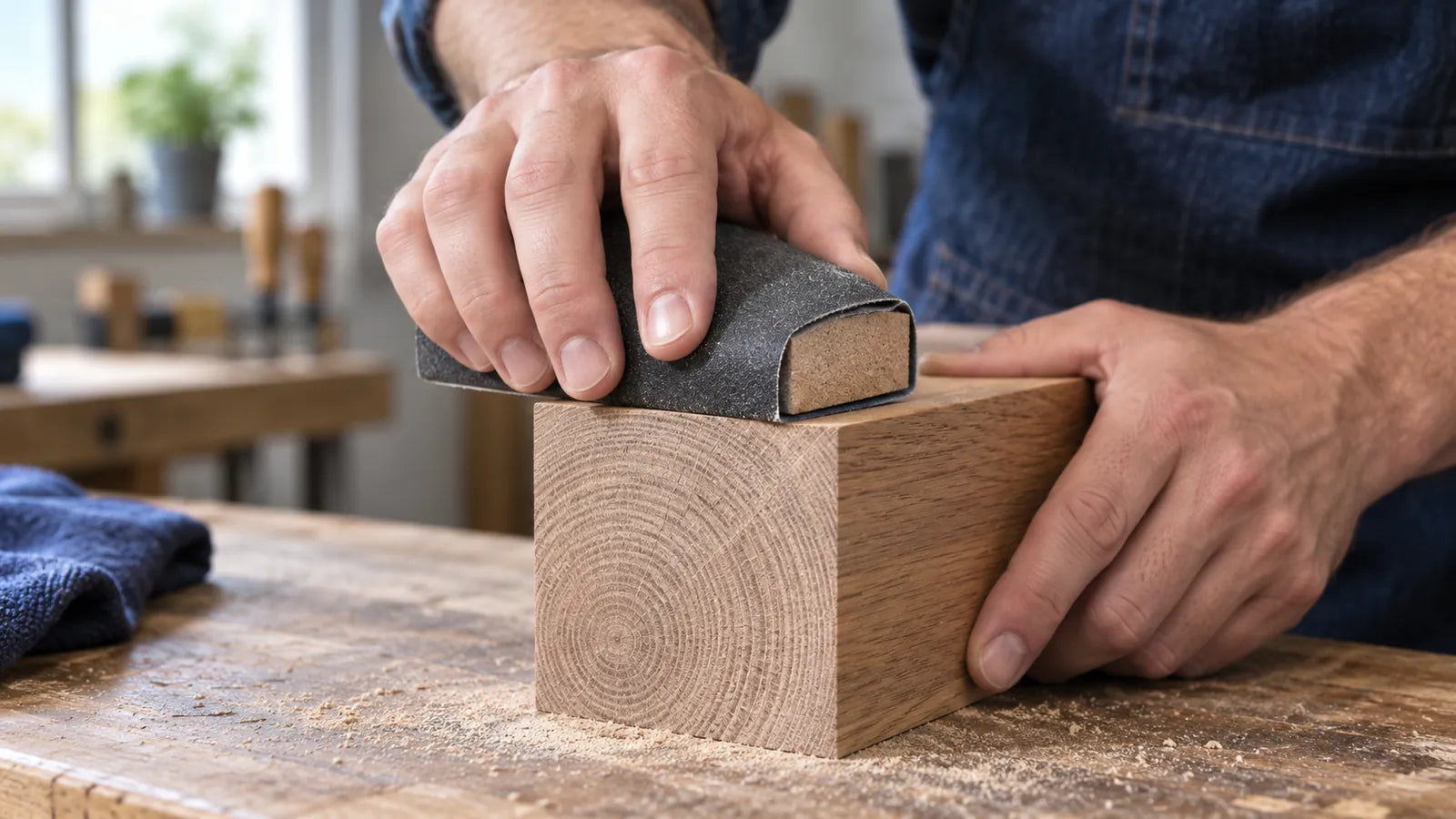 Hands holding a paper-wrapped block on wood with end grain visible.