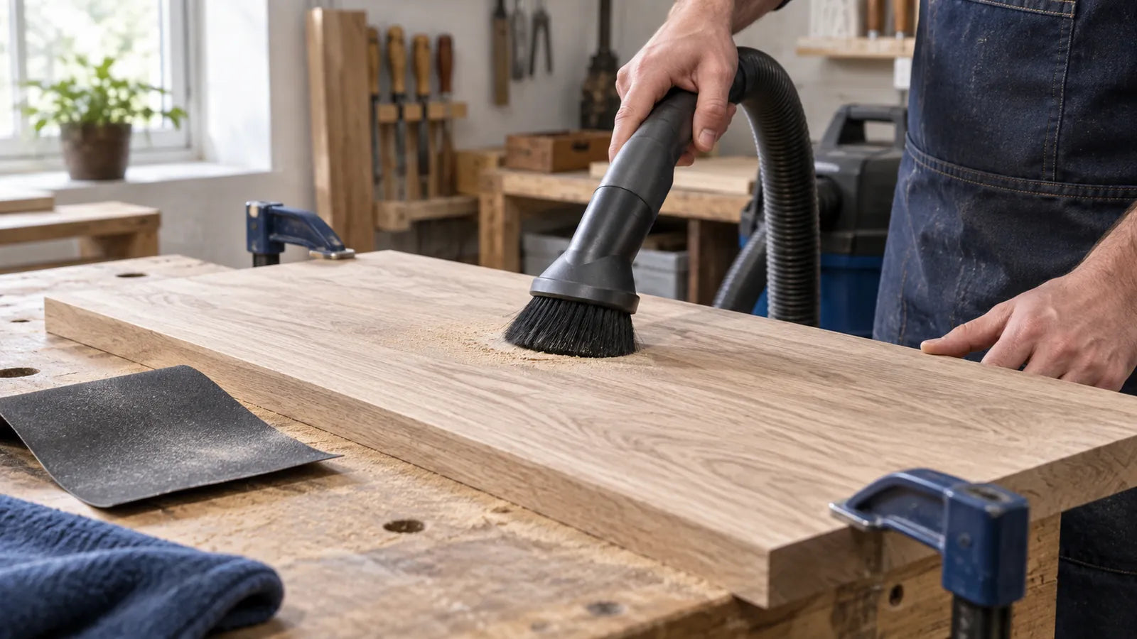 Vacuum brush removing settled dust from a wooden board.