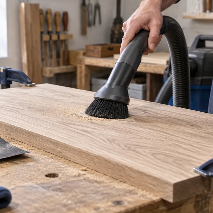 Vacuum brush removing settled dust from a wooden board.