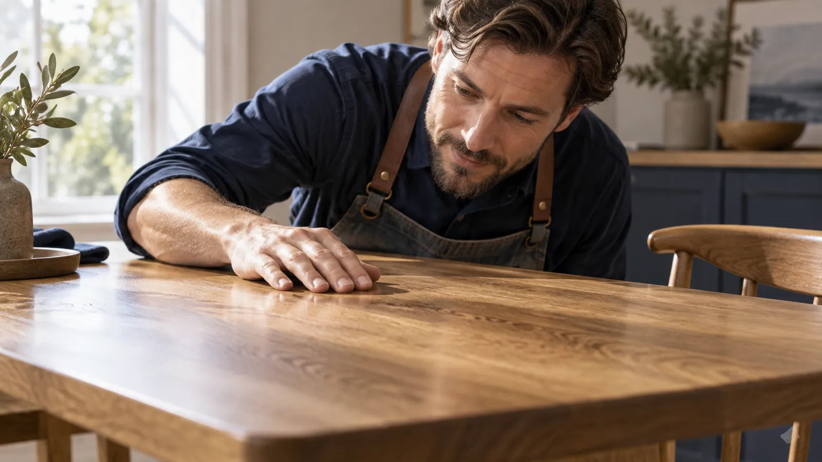 Illustration of a craftsperson inspecting a wooden tabletop in low side window light.