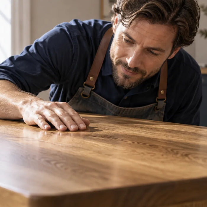 Illustration of a craftsperson inspecting a finished wooden tabletop in side light.