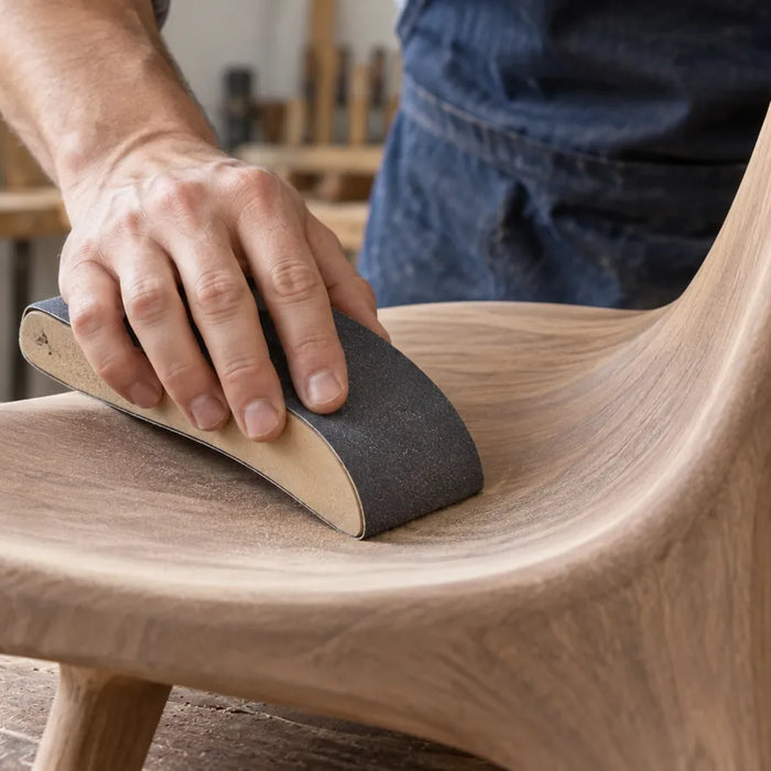 Hands holding a shaped abrasive support against a curved wooden chair seat.