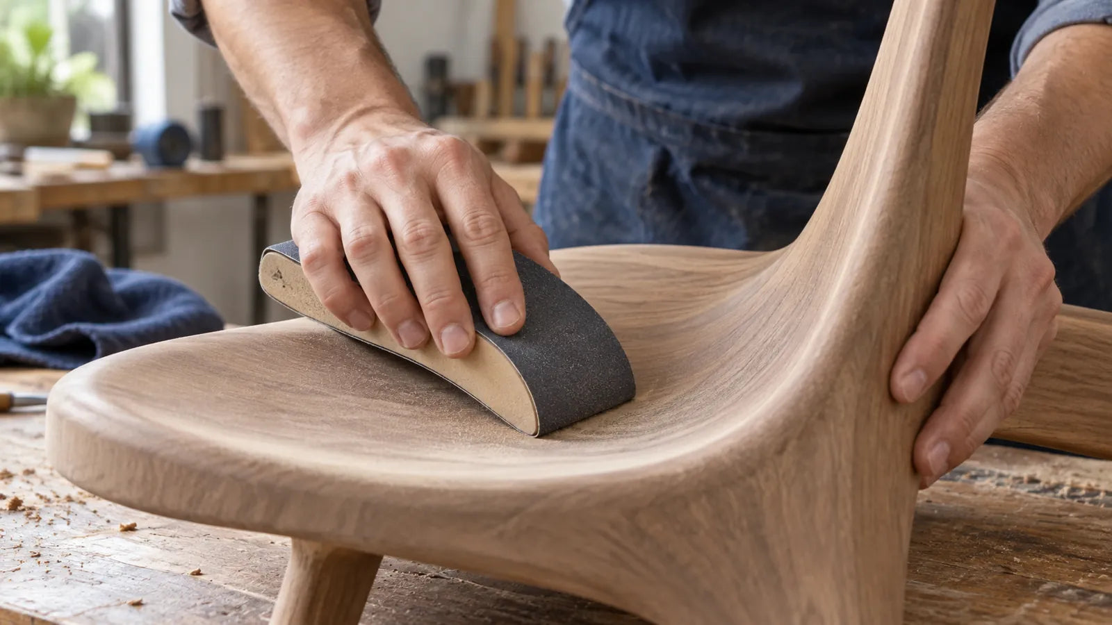 Hands sand a curved wooden seat with dark abrasive paper wrapped over a shaped support.