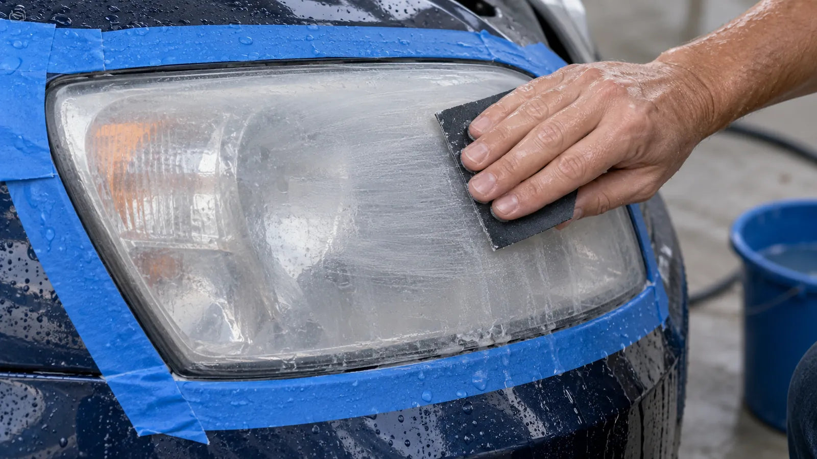 Wet hand sanding a masked vehicle headlight with a dark abrasive sheet.