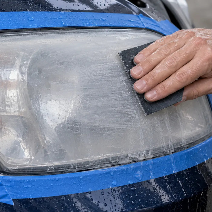 Wet hand sanding a masked vehicle headlight with a dark abrasive sheet.