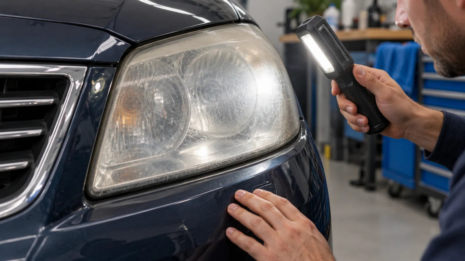 Inspection lamp revealing haze and fine lines on a clear curved lens-like surface.