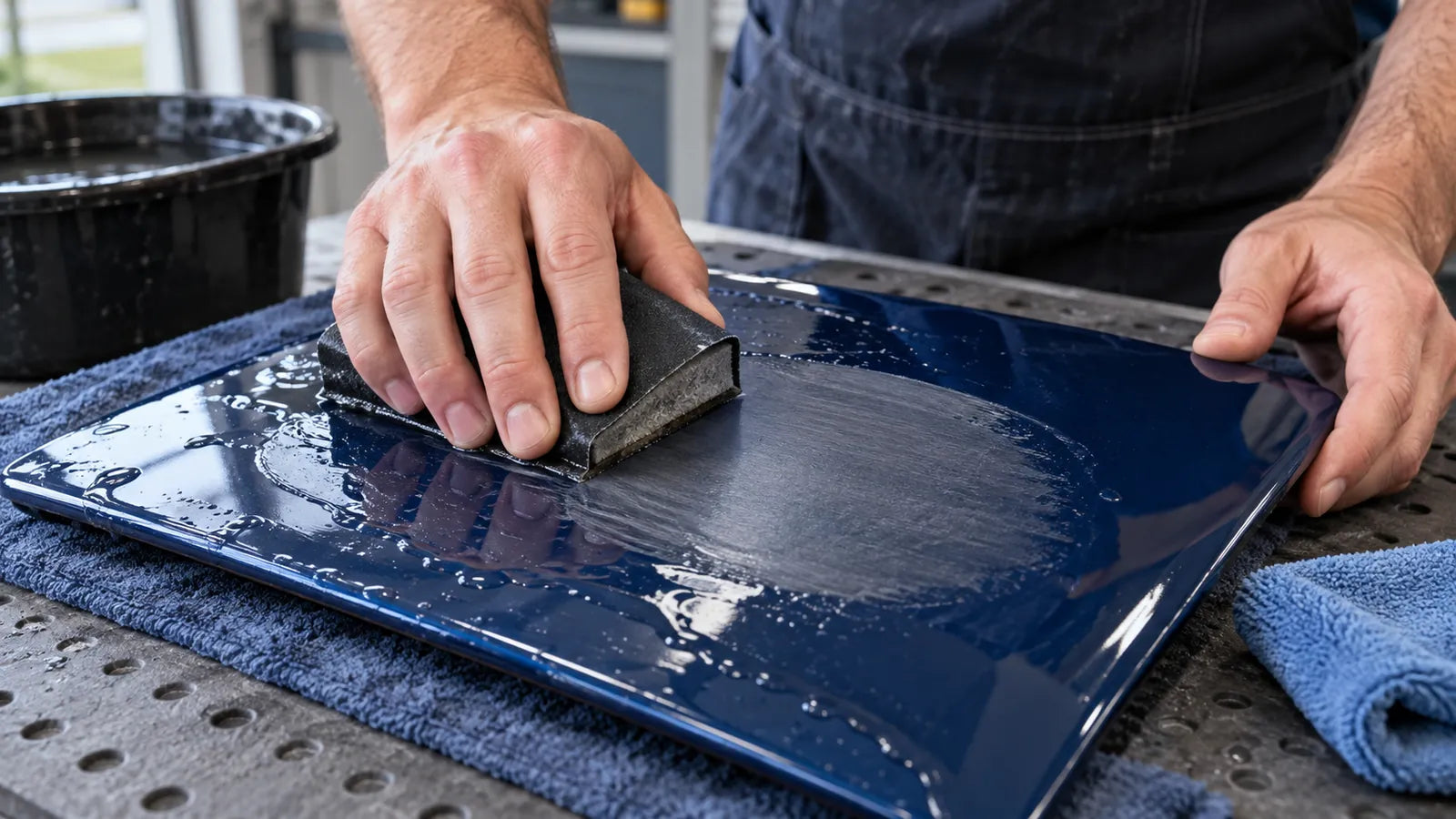 Wet block sanding a blue coated test panel.
