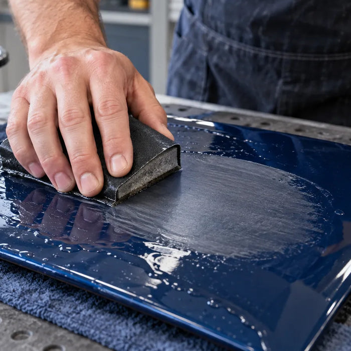 Generated illustration of hands wet block sanding a blue coated test panel with a broad matte worked area.