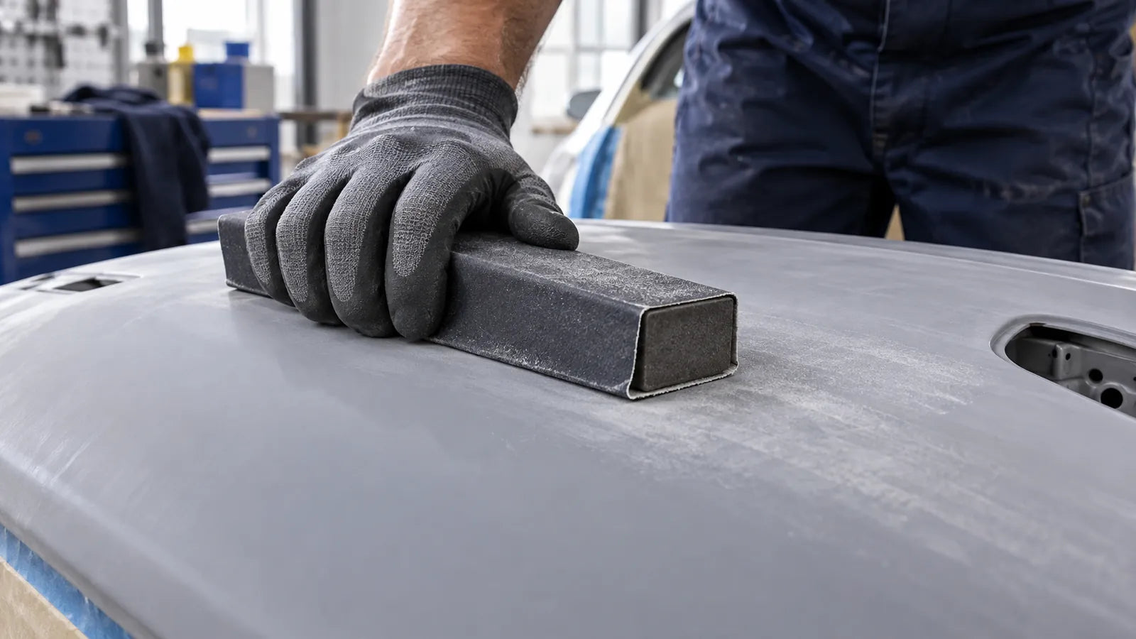 A gloved hand holding a long paper-wrapped block flat on a gray-coated automotive panel.
