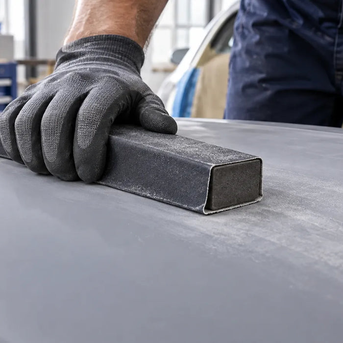 A gloved hand holding a long paper-wrapped block flat on a gray-coated automotive panel.