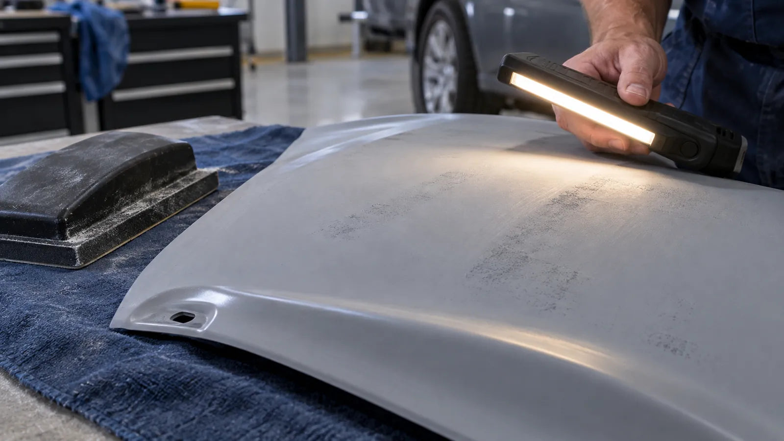 Generated illustration of a lamp inspecting dark residual patches and sanding marks on a gray automotive panel.