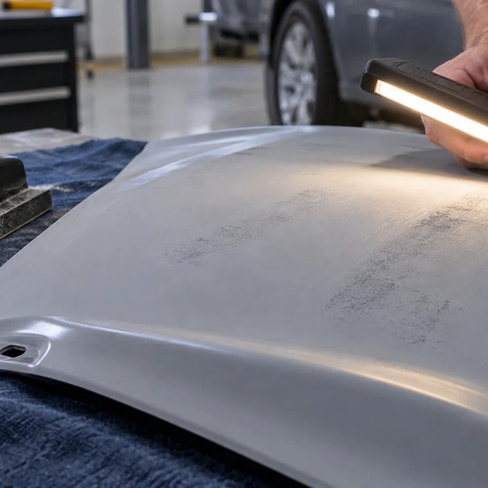 Generated illustration of a lamp inspecting dark residual patches and sanding marks on a gray automotive panel.