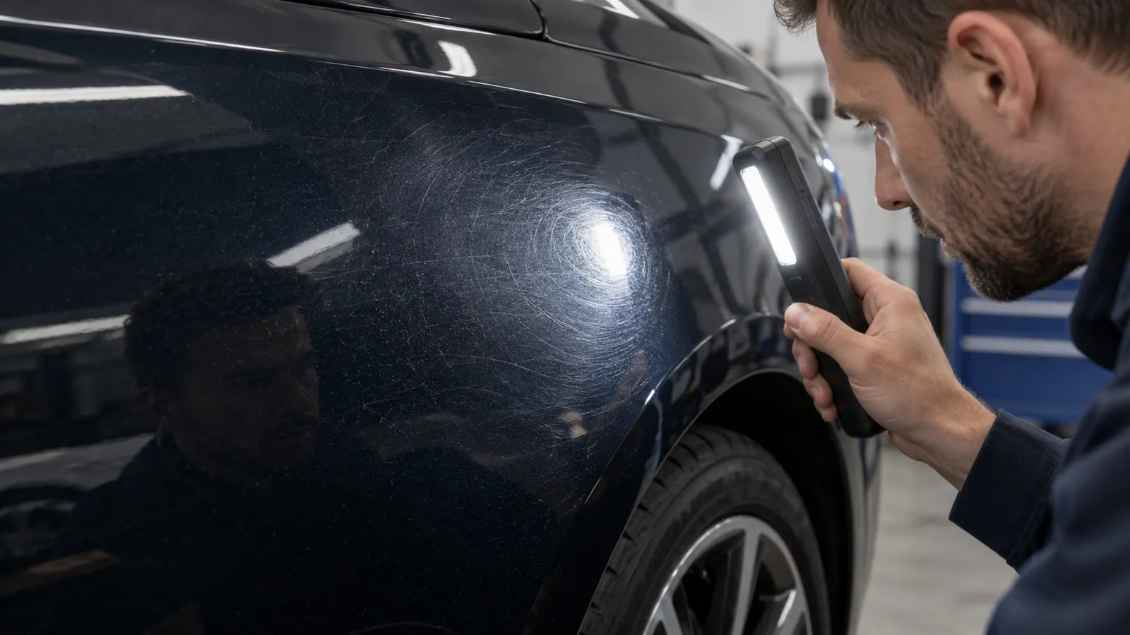 Illustration of a person inspecting curved swirl-like marks and fine scratches on a dark glossy panel with a handheld lamp.