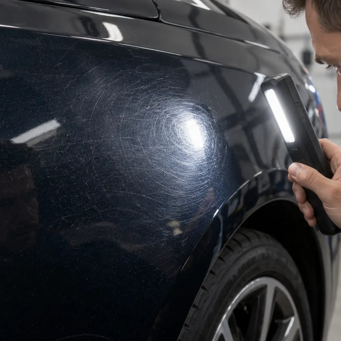 A person inspects fine marks on dark automotive paint beside a wheel.