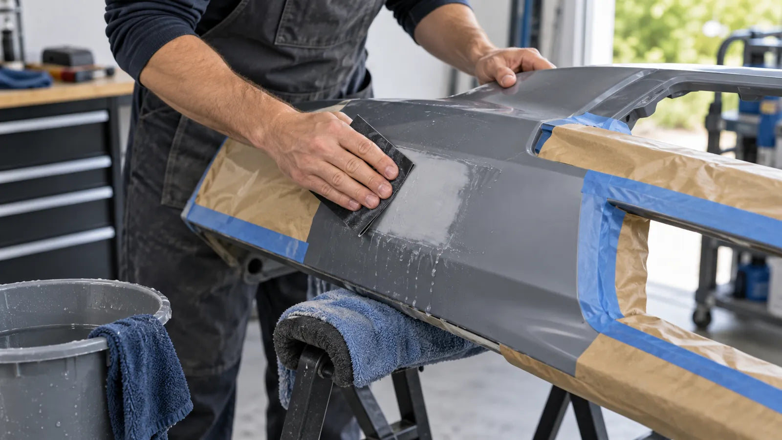 Masked molded plastic-like panel being hand-sanded with wet residue visible.