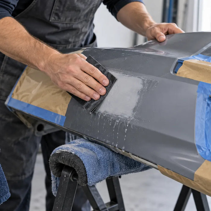 Masked molded plastic-like panel being hand-sanded with wet residue visible.