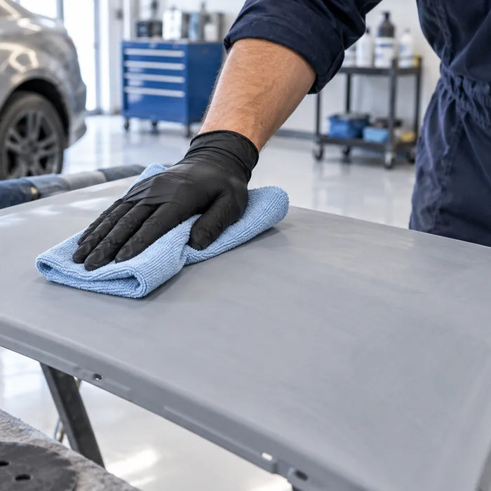 Illustration of gloved hands wiping a gray automotive panel with a folded blue cloth.