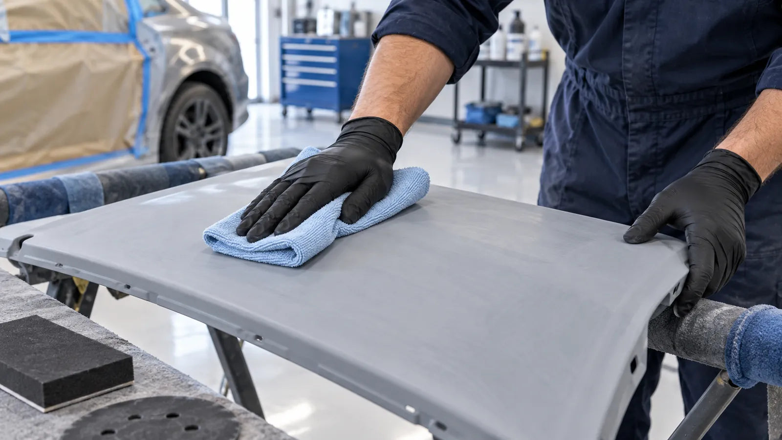 Gloved hands wiping a gray coated automotive panel with a folded blue cloth.