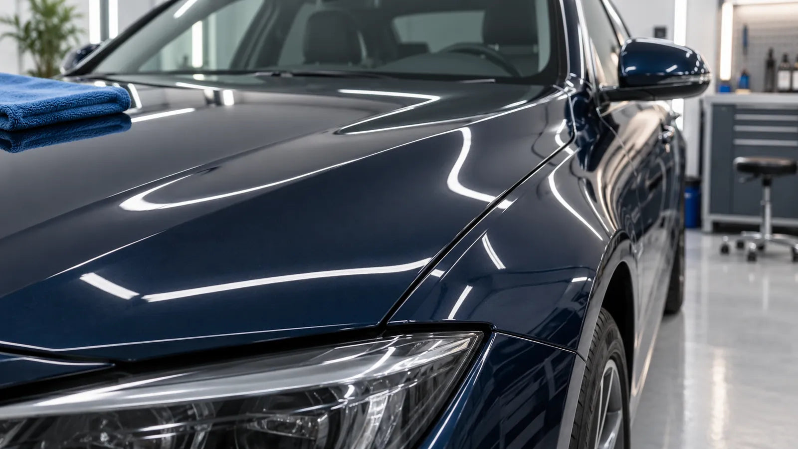 Illustration of dark vehicle paint reflecting workshop lights.