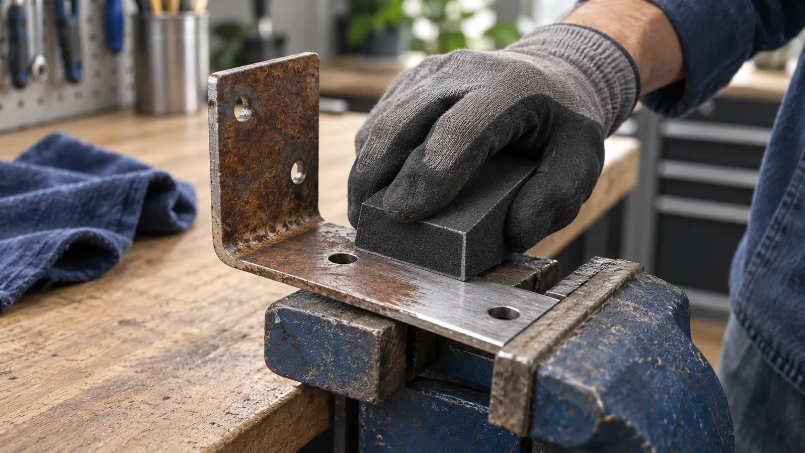 Gloved hand sanding a rusty metal bracket held in a bench vise.