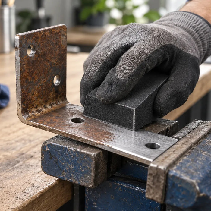 Gloved hand sanding a rusty metal bracket held in a bench vise.