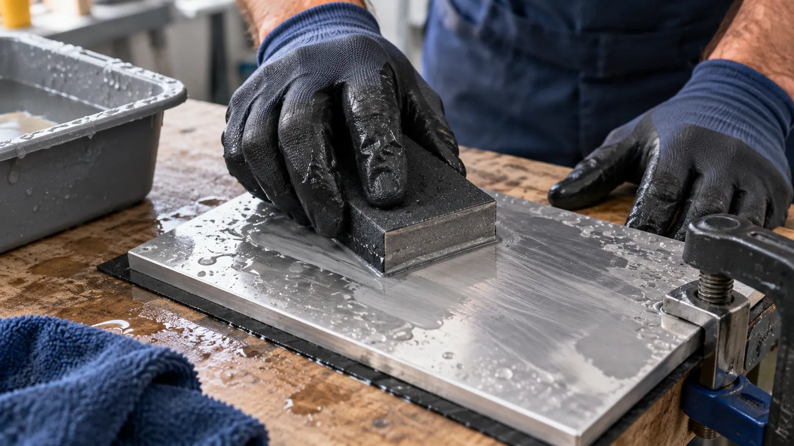 Illustration of gloved hands wet sanding a clamped silver-colored metal plate with a dark block.