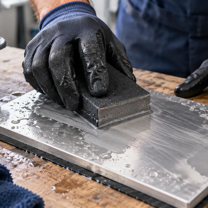 gloved hands using a dark rectangular abrasive block on a silver-colored metal plate secured by a clamp