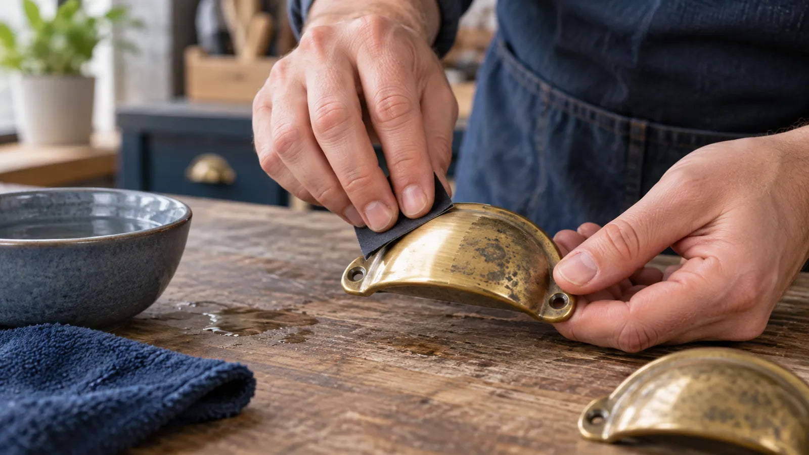 Hand sanding a brass-colored furniture pull.