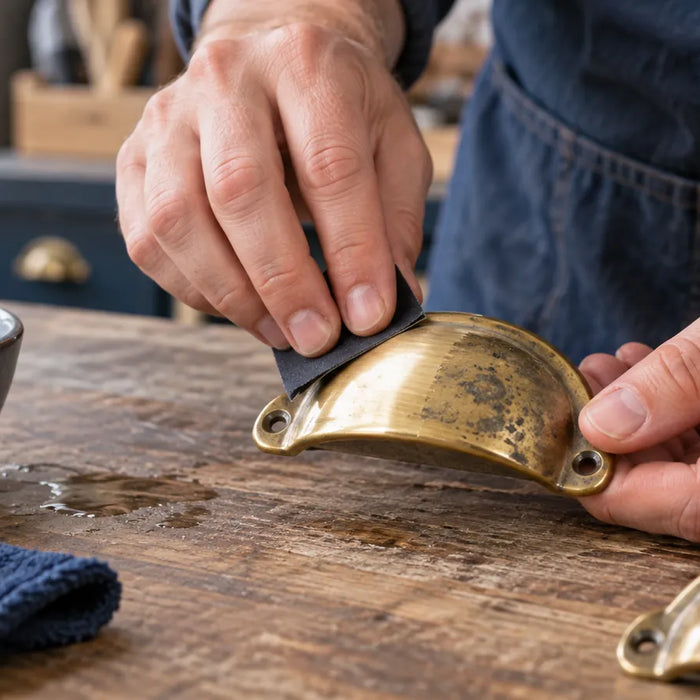 Hand sanding a brass-colored furniture pull.