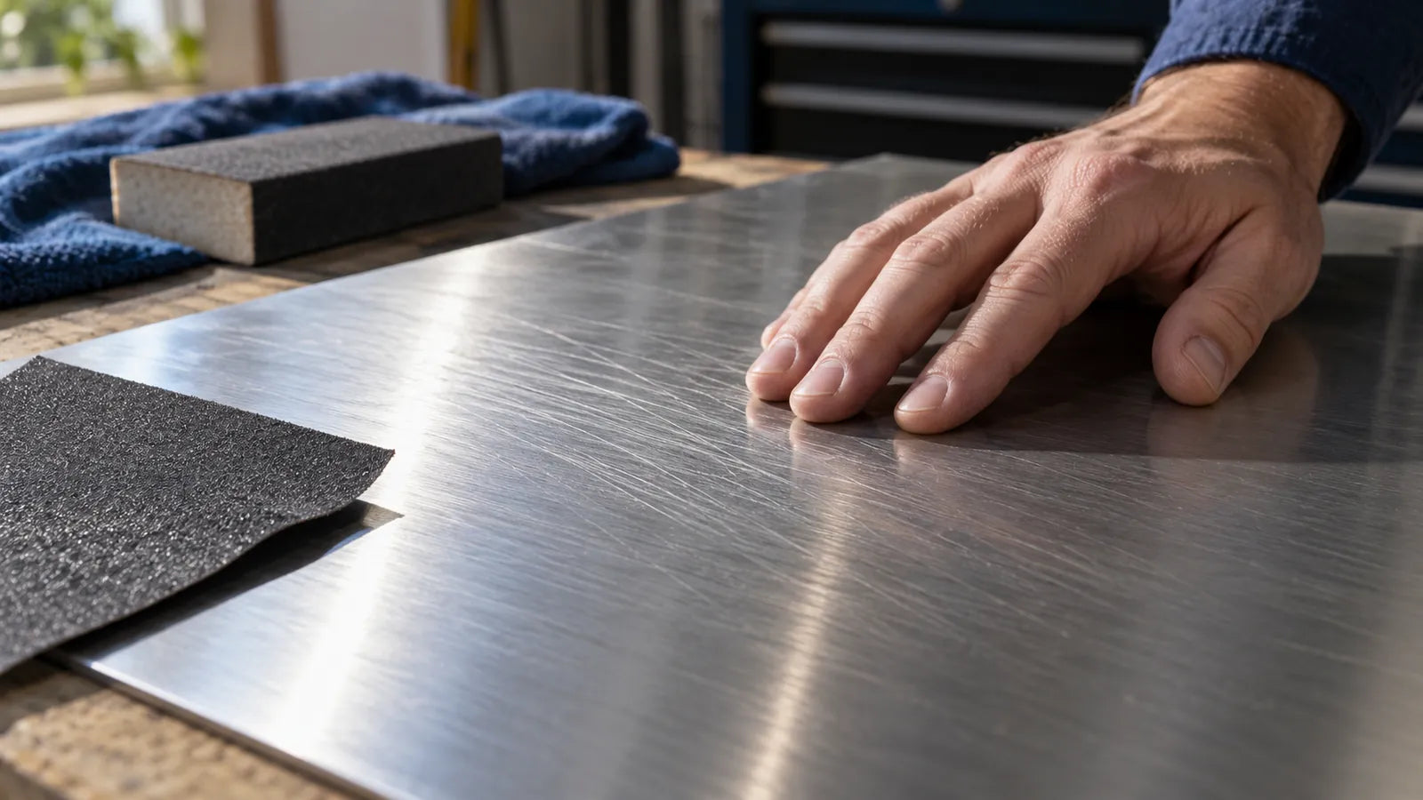 Inspecting line scratches on a brushed metal sheet.