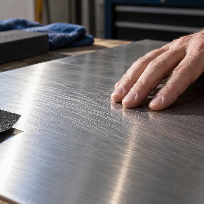 Illustration of directional brushing and crossing scratches on a metal sheet.